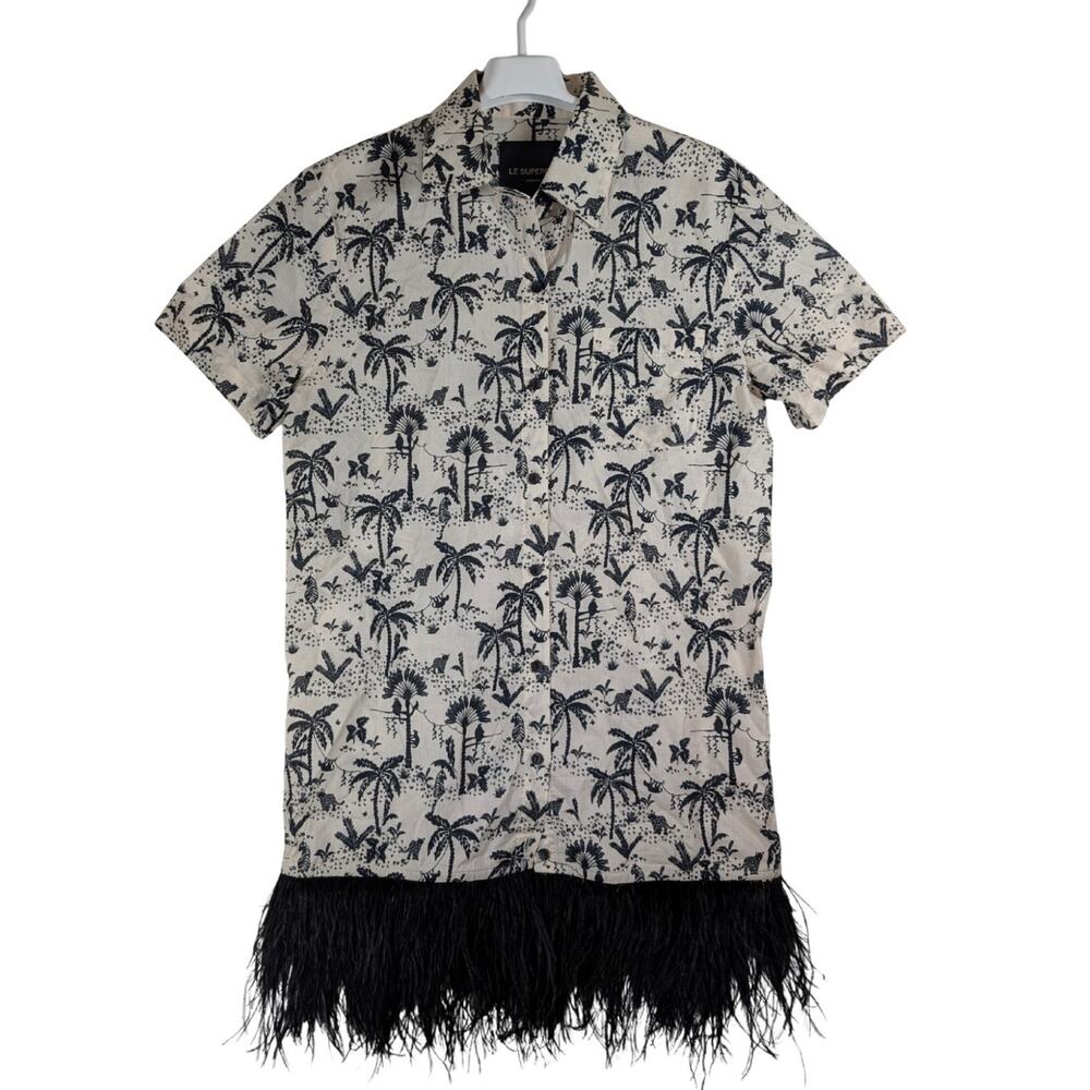 Le Superbe Palms Trees Jungle Cats Animals Camp Feather Fringe Dress Women Sz 4